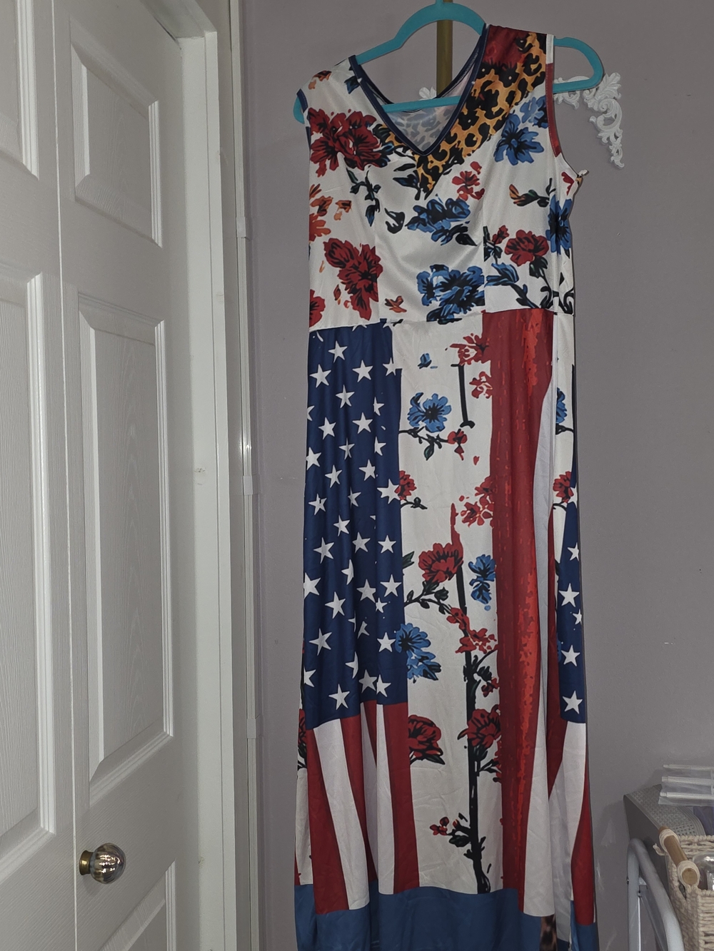 Sleeveless Floral & Flag Print Maxi Dress in Red, White & Blue